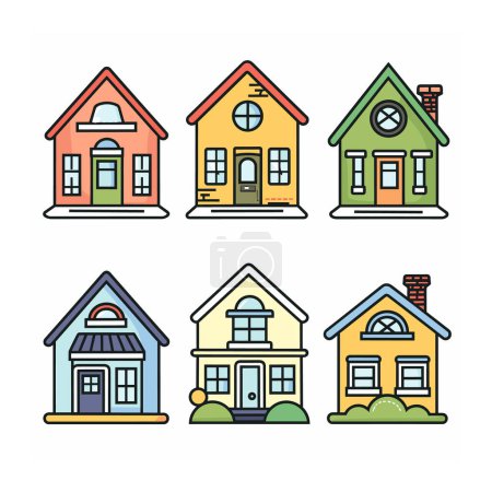 Maisons de dessin animé vibrantes ensemble, cinq conceptions de couleurs différentes. Thème résidentiel, architecture simple, maisons gaies graphiques vectoriels. Maisons de banlieue colorées, différents types de toit, portes fenêtres