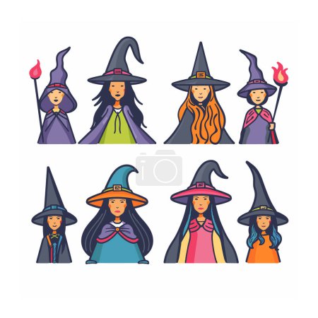 Six diverse cartoon witches wearing pointed hats, colorful outfits, performing magical gestures. Various hairstyles robes, playful expressions, magic flame, isolated white. Different styles