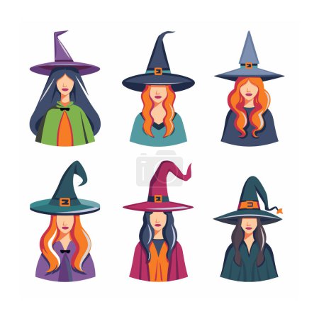 Set six witch characters wearing various colored robes hats. Witches different hair colors styles, magical theme, Halloween costumes. Cartoon witches, diverse designs, fantasy illustration