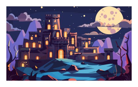 Fantasy-Burg Nacht Szene Vollmond beleuchtete Türme Berge Flussbäume dunklen Himmel. Majestätische mittelalterliche Festung im Mondschein, Fantasielandschaft, Flussufer, verzauberte Märchenillustration