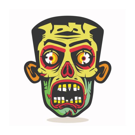 Zombie head cartoon graphic, green yellow zombie face, scary undead character illustration isolated background. Cartoon head, redeyed monster teeth bared, undead creature drawing