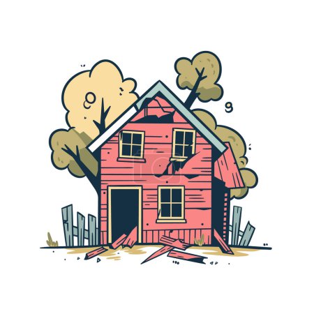 Dilapidated red barn cartoon, damaged rural building illustration. Cartoon style trees surround collapsing farm structure, red planks scattered. Weathered pink barn, broken roof windows, leaning