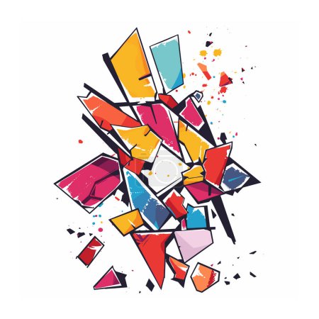 Abstract geometric artwork features vibrant colored shards against isolated white background. Bright shapes explosion comprises red, yellow, blue, pink, orange fragments scattered dynamically