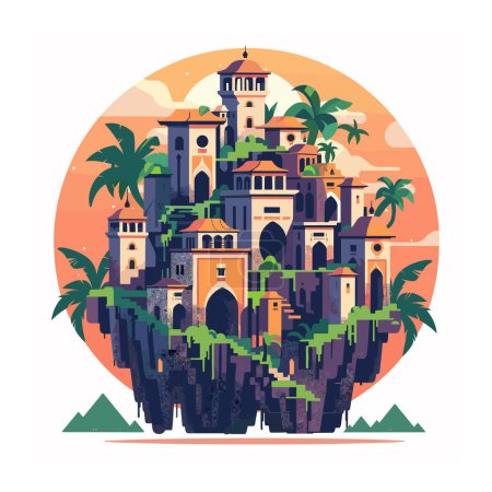 Fantasy castle perched atop floating island, surrounded lush greenery under sunset sky. Mystical floating city palm trees orange hues, evoking sense adventure. Stylized graphic magical citadel