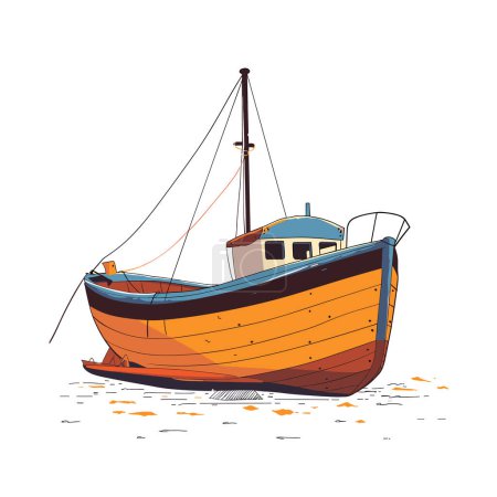 Fishing boat illustration stranded land, orange blue hull, mast, rigging. Cartoon style drawing wooden fishing vessel grounded, white cabin, antenna, fallen leaves. Vintage fisherman boat graphic