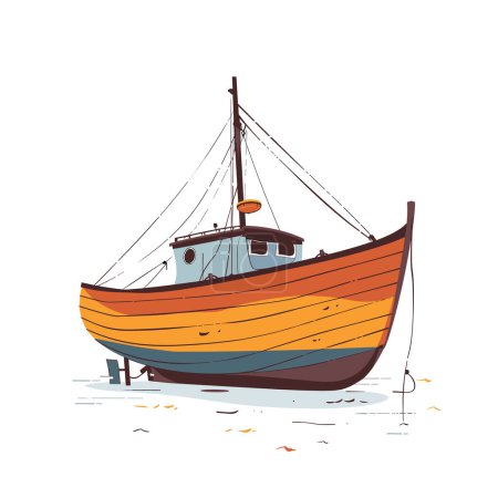 Illustration colorée de bateau de pêche à terre. Bateau en bois rayé en cale sèche, journée ensoleillée. Dessin animé détaillé navire art, thème nautique