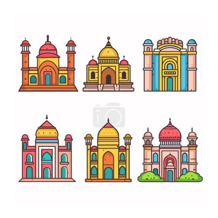 Bunte Vektorillustrationen indische Wahrzeichen. Helle indische Paläste im Cartoonstil mit Kuppeln, Minaretten und Bögen. Grafische Darstellung ikonischer Architektur, geeignetes Lehrmaterial