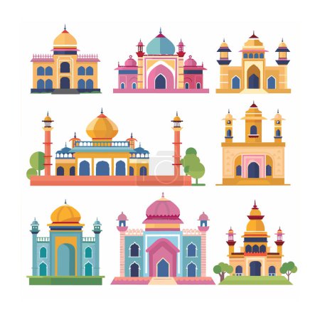 Collection colorful Indian palaces mosques, flat design. Six distinct traditional Indian buildings, unique architecture. Vibrant colors, domes, arches, minarets represent Indian culture