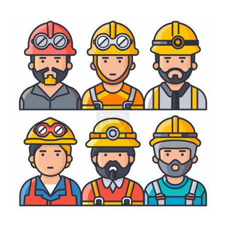 Set six diverse miners wearing safety helmets, work uniforms, protective gear, professional mining team illustration, cartoon miners headlamps, isolated white. Cartoon character set miners
