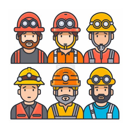 Six diverse cartoon miners wearing safety helmets headlamps, miner has different facial hair, expressions, colorful work attire. Safety gear, profession, teamwork through illustration