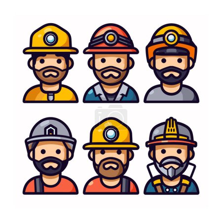Six male miners cartoon avatars wearing different mining helmets safety gear. Helmets feature headlamps, vibrant yellow others utility icons. Avatars represent diverse miner professions various