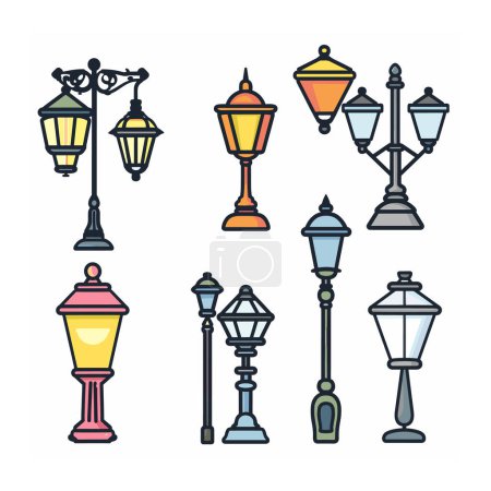 Collection de lampadaires colorés illustrés style line art. Divers dessins poteaux de lampe classiques graphiques d'environnement urbain approprié. Illustration affiche options d'éclairage public antique moderne