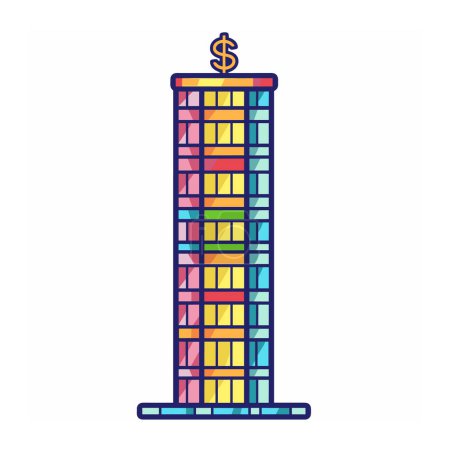 Bunte Wolkenkratzer Illustration gekrönt Dollar-Zeichen suggeriert Finanzkonzept Wirtschaftswachstum. Stilisiertes Bürogebäude stellt eine Investmentfirma für Unternehmensfinanzierungen dar. Moderne Architekturgrafik