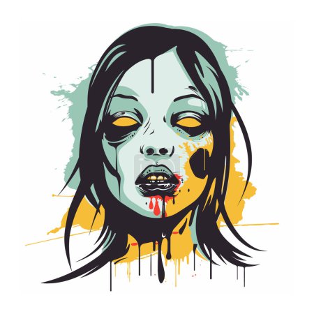 Ilustración de Mujer zombi cara ilustración sangrado boca espeluznante expresión. Zombi artístico retrato gráfico salpicado de fondo. Estilo grunge zombi cabeza obras de arte, temática de terror - Imagen libre de derechos