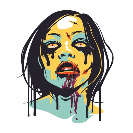 Zombie woman face dripping blood yellow skin. Dark hair frames horrific undead female horror. Red eyes gaze frightfully spooky illustration