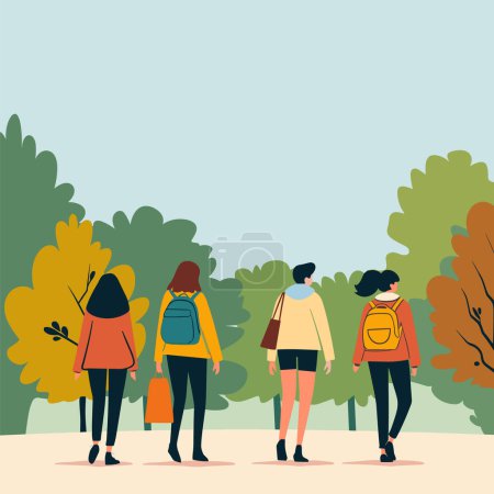 Group young people walking park, friends enjoying nature, casual style, autumn season. Four individuals stroll, leisure activity, backpacks, diverse, foliage, outdoor scene. Back view adults hiking