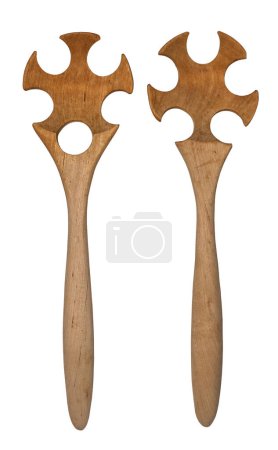 Photo for Wooden african salad servers isolated against white background - Royalty Free Image
