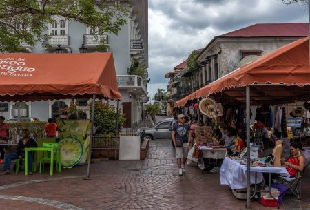 Photo for PANAMA CITY, PANAMA-FEBRUARY 27, 2019: souvenir stands and pavilion on the plaza de la independencia, casco viejo, historic district of panama city - Royalty Free Image