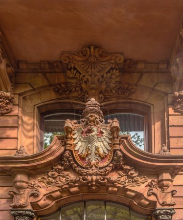Photo for Sandstone city coat of arms above the entrance of a house in Kaiserstrasse, Frankfurt, Germany - Royalty Free Image