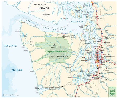 Téléchargez les illustrations : Carte entourant la péninsule olympique et le Grand Seattle, Washington, États-Unis - en licence libre de droit