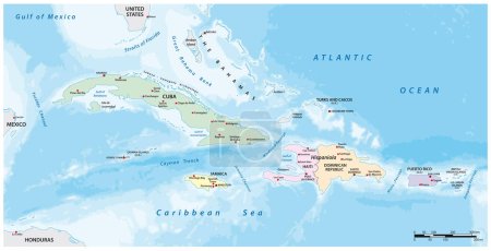 Ilustración de Mapa vectorial de las Antillas Mayores en la región del Caribe - Imagen libre de derechos