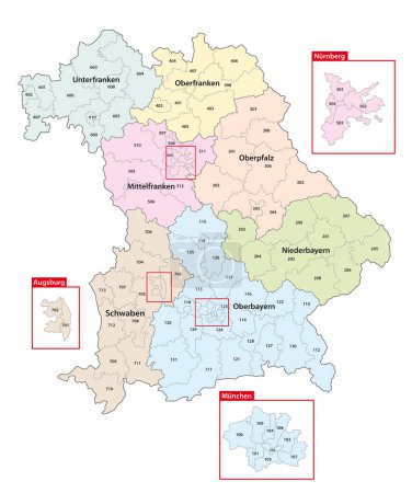 Ilustración de Mapa de las circunscripciones para las elecciones estatales de 2023 en alemán, bavaria, Alemania - Imagen libre de derechos