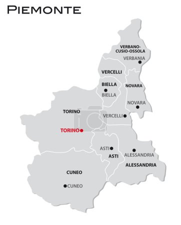 Illustrazione per Mappa amministrativa semplice e grigia della regione Piemonte - Immagini Royalty Free