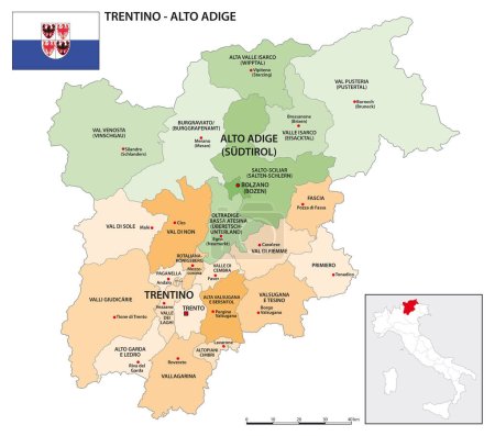 Illustration for District map of Trentino-Alto Adige with flag - Royalty Free Image