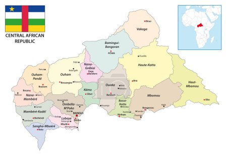 Ilustración de Mapa administrativo de la República Centroafricana con bandera - Imagen libre de derechos