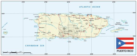 Téléchargez les illustrations : Carte routière du territoire américain de Porto Rico avec drapeau - en licence libre de droit