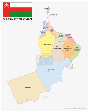 Illustration for Administrative map of Sultanate of Oman with flag - Royalty Free Image