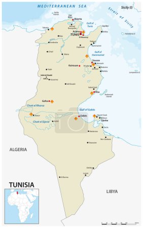 Téléchargez les illustrations : Carte vectorielle de l'état nord-africain de Tunisie - en licence libre de droit
