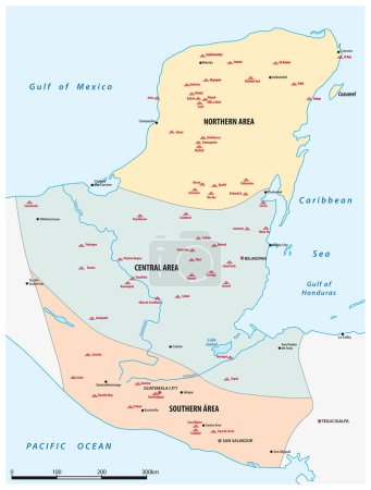 Ilustración de Mapa de la zona de asentamiento histórico de los mayas, América Central - Imagen libre de derechos