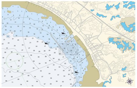 Téléchargez les illustrations : Carte nautique imaginaire avec représentation illustrée de la côte - en licence libre de droit