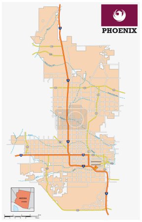 Ilustración de Hoja de ruta sencilla de la ciudad de Phoenix, Arizona, Estados Unidos - Imagen libre de derechos