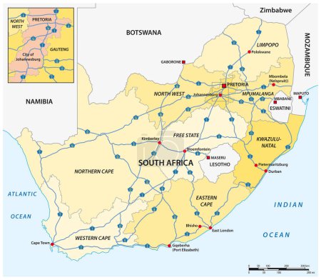 Téléchargez les illustrations : Carte vectorielle des routes nationales en Afrique du Sud avec étiquettes - en licence libre de droit