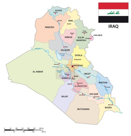 Téléchargez les illustrations : Republic of Iraq administrative vector map with flag - en licence libre de droit