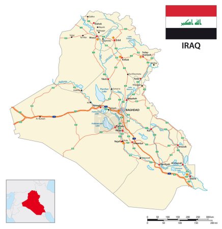 Téléchargez les illustrations : Vector road map of Iraqi Republic with flag - en licence libre de droit