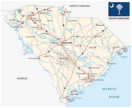 Ilustración de South carolina federal state road vector map with flag - Imagen libre de derechos