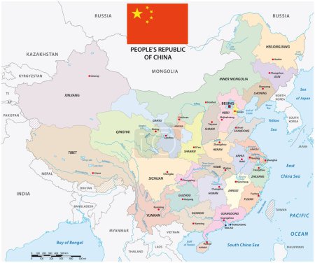 Téléchargez les illustrations : Color map of administrative divisions of China with flag - en licence libre de droit