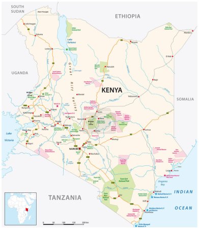Ilustración de Kenya road, national park and national reserve map - Imagen libre de derechos