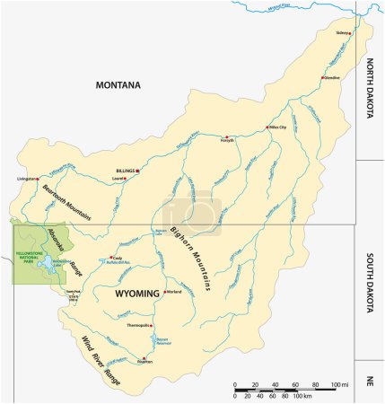 Ilustración de Vector map of the Yellowstone Riverbasin in Montana and Wyoming, USA - Imagen libre de derechos