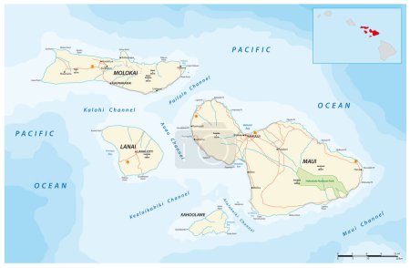 Illustration for Road map of the Hawaiian Islands of Maui, Molokai, Lanai and Kahoolawe - Royalty Free Image