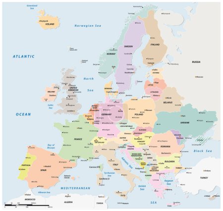 Mapa vectorial político coloreado de los estados europeos