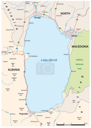Téléchargez les illustrations : Carte routière du lac d'Ohrid en Albanie et en Macédoine du Nord - en licence libre de droit