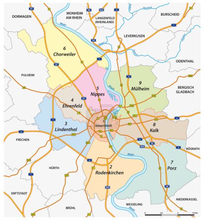 Ilustración de Mapa administrativo y callejero de la ciudad de Colonia, Alemania - Imagen libre de derechos