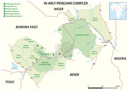 Ilustración de Mapa del Área de Conservación Transfronteriza W Arly Pendjari, Benin, Níger, Burkina Faso - Imagen libre de derechos