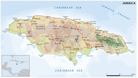 Carte routière vectorielle de la nation insulaire caribéenne de la Jamaïque