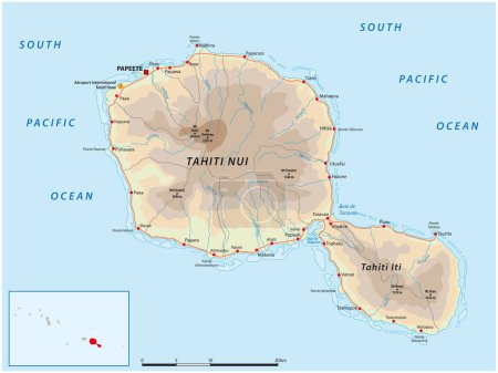 Illustration for Tahiti road map, Society Islands, France - Royalty Free Image