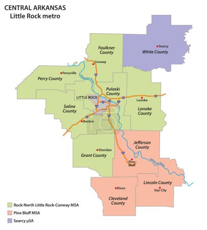 Ilustración de Mapa administrativo de Central Arkansas, Little Rock Metro, Arkansas, Estados Unidos - Imagen libre de derechos